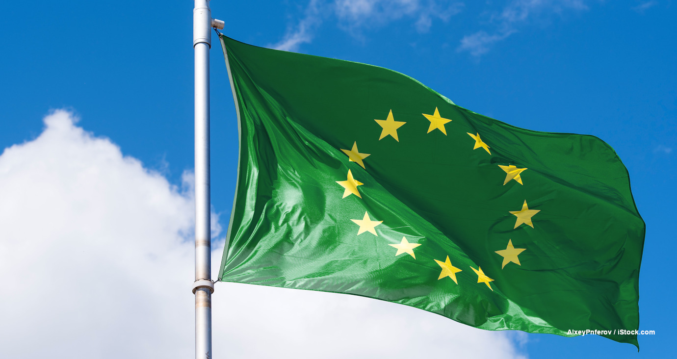 Grüne EU-Flagge im Wind vor blauem Himmel