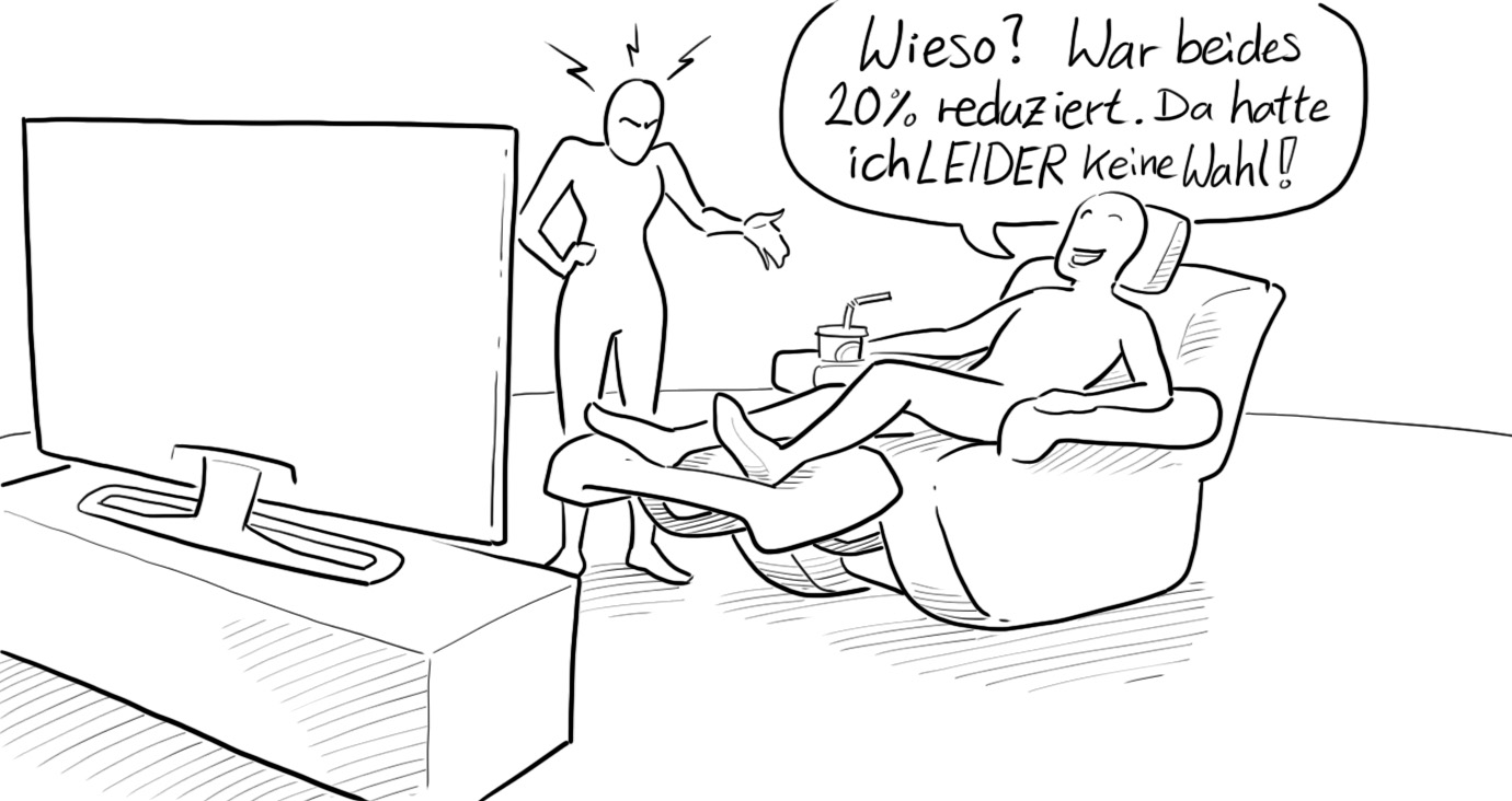 Zwei gezeichnete Figuren mit TV und Fernsehsessel