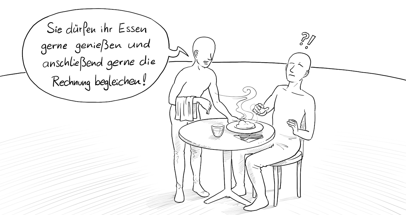 Gezeichnete Figuren - Kellner und Gast - in einem Restaurant