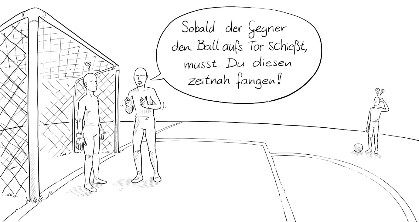 Gezeichnete Figuren vor einem Fussballtor